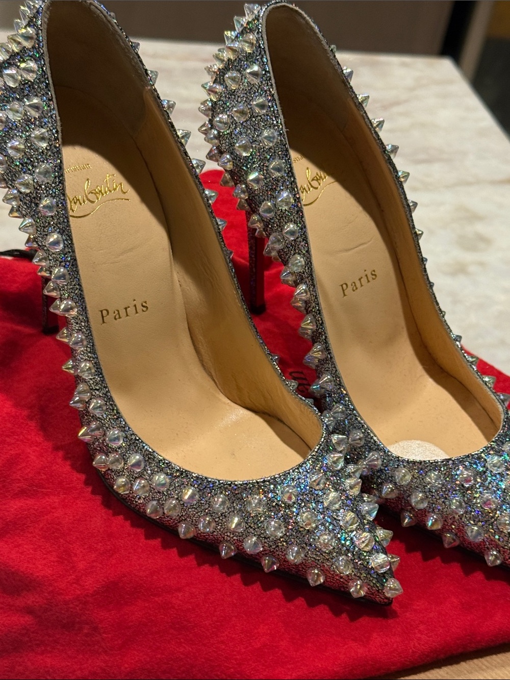Christian Louboutin Follies Spikes 100 Silver Crystal Pumps Size 36